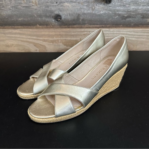 Jack Rogers Gold Wedge Espadrille Palmer Criss Cross Leather Womens 8.5 Shoes - Picture 1 of 10